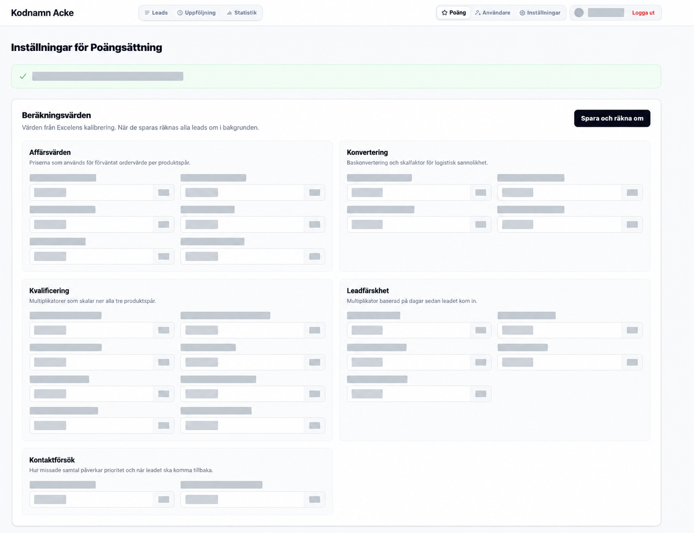 Anonymized screenshot of the lead portal — identifying information and business data concealed