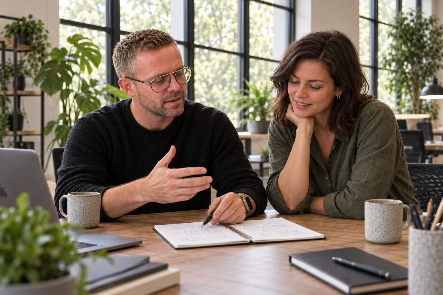 AI-created image of a project conversation around interface sketches in the Qodli office