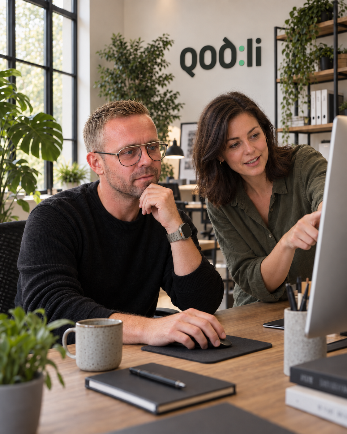 AI-created illustration of two people collaborating at a screen in a Qodli office
